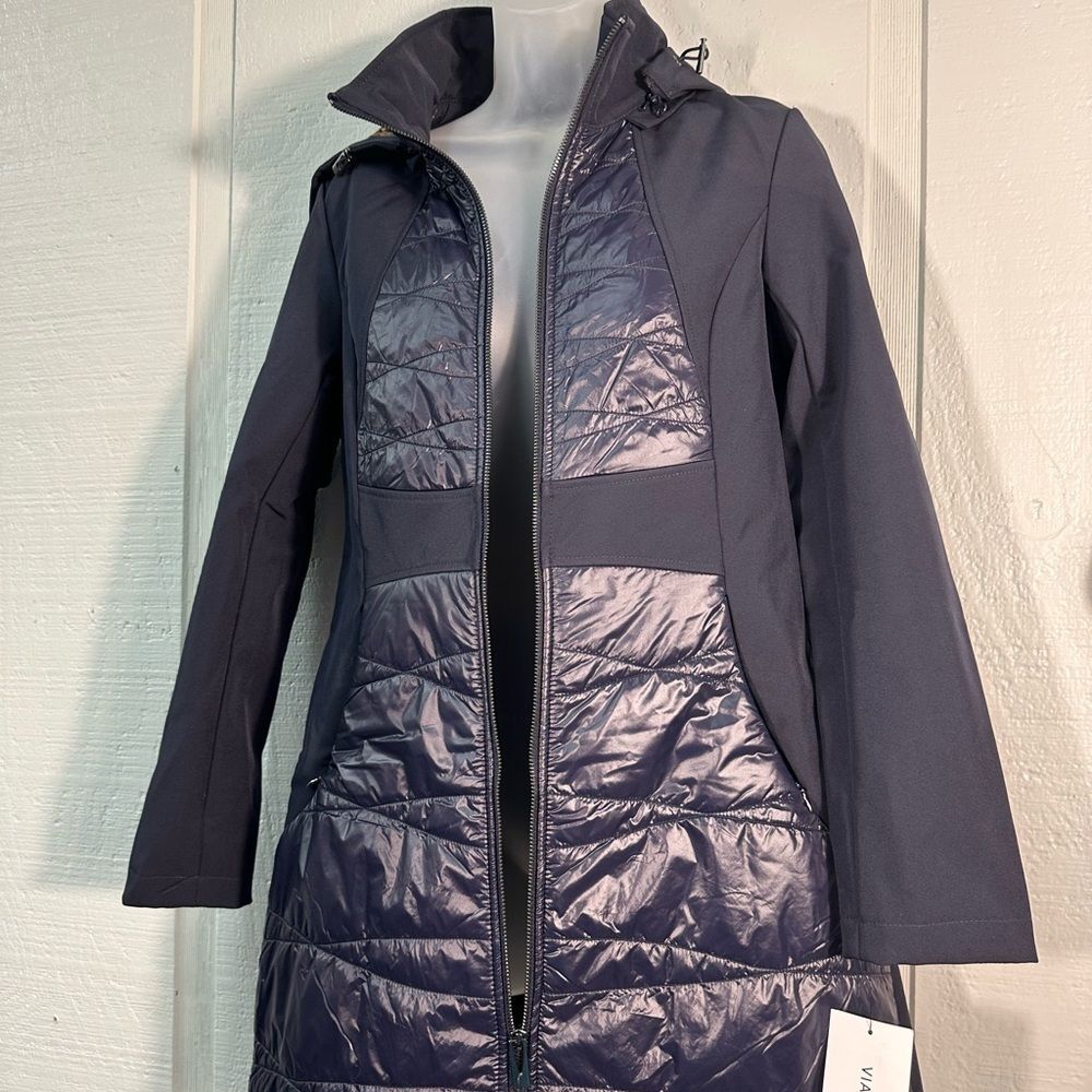 Via Spiga Elliptical Quilted Softshell Jacket Navy L Leopard Lining Size XS NWT - Picture 2 of 11